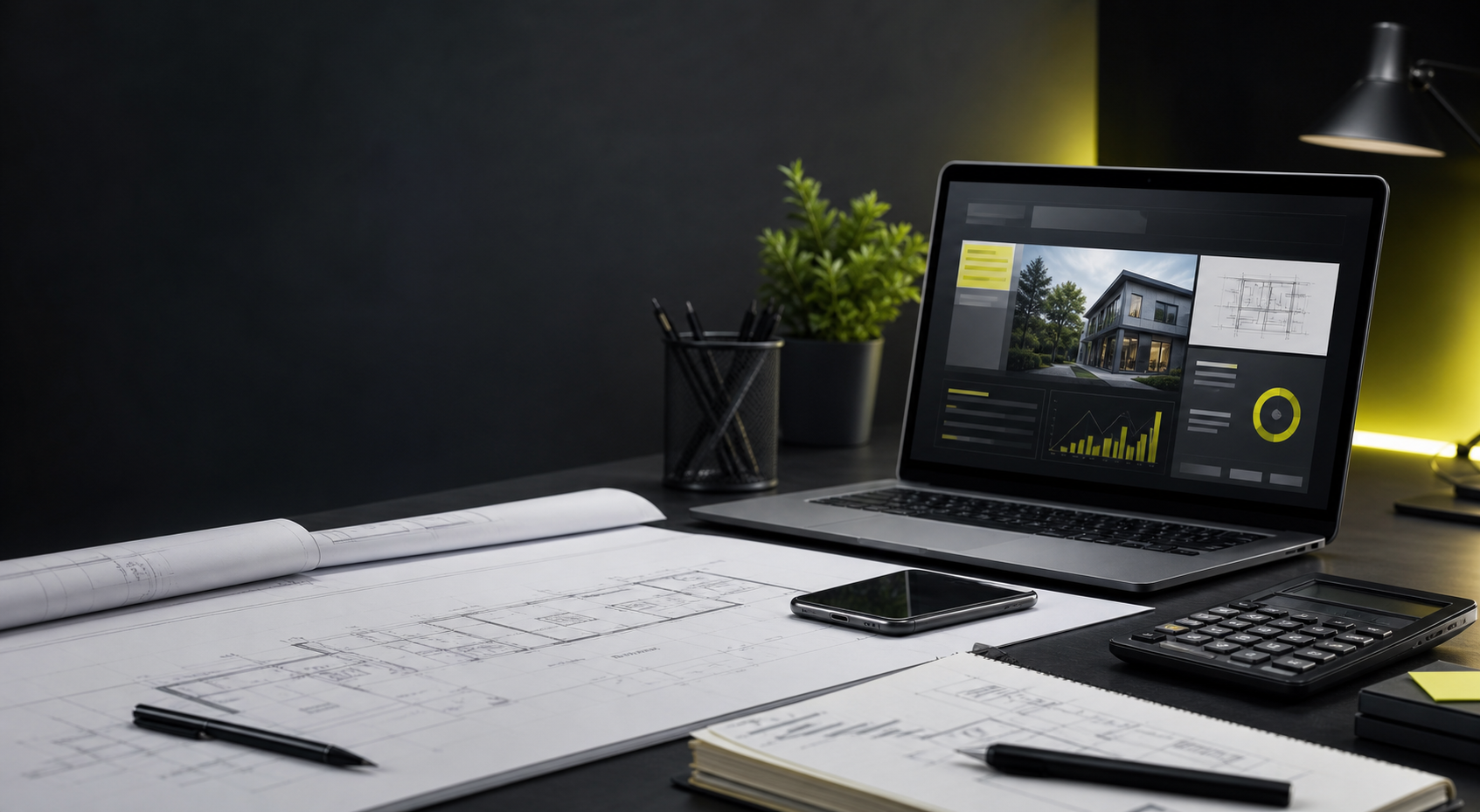 Scrivania professionale con piani, computer e strumenti digitali